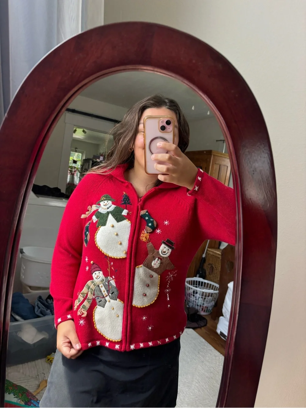 Vintage cottagecore Christmas Snowman Holiday Zip Cardigan Sweater